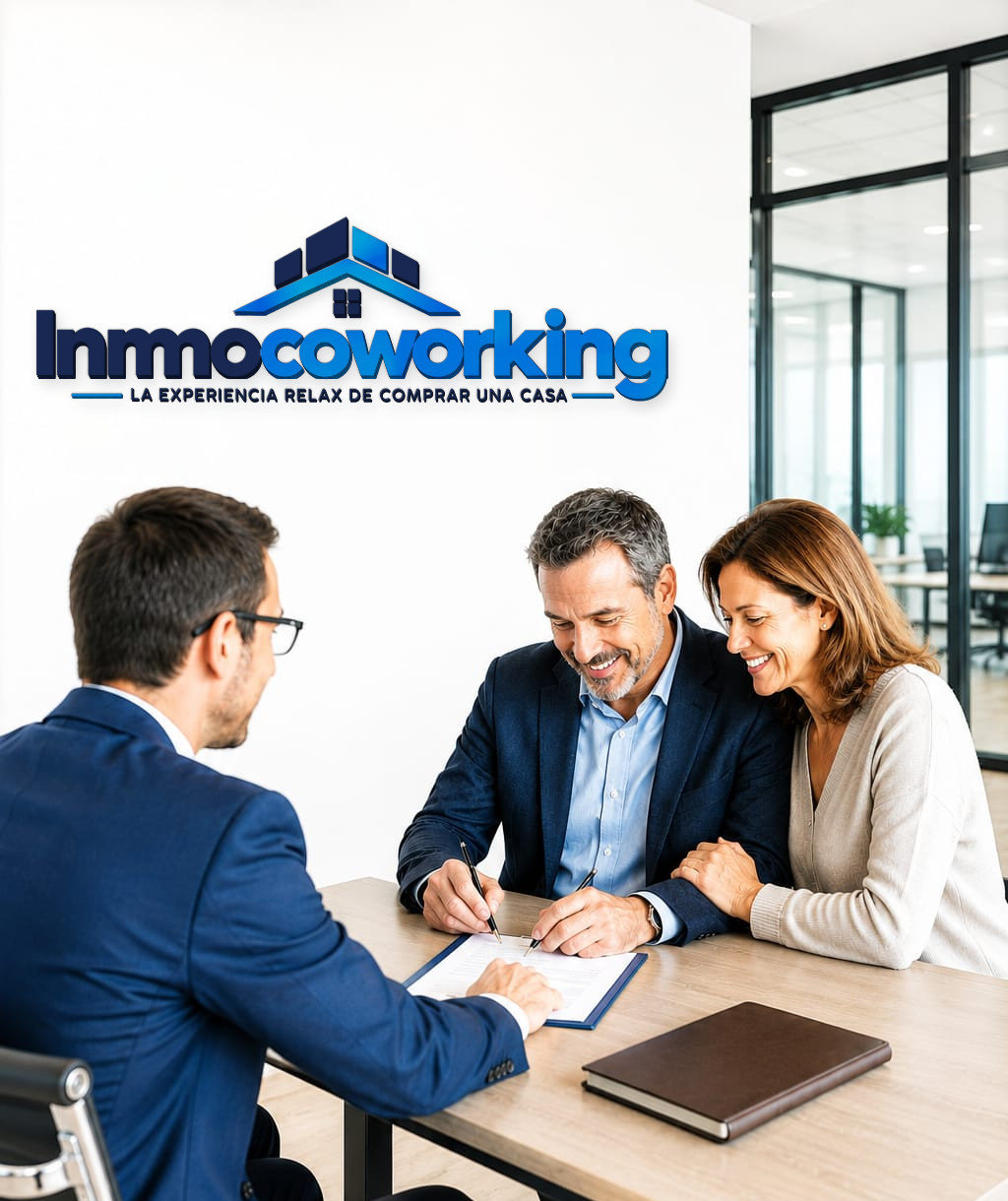 Agente de InmoCoworking con una pareja firmando en el centro inmobiliario