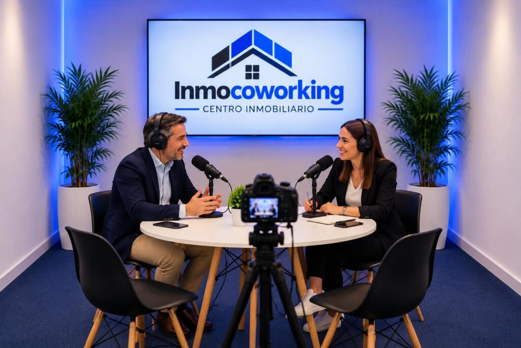 Sala de grabación de podcast de InmoCoworking con dos personas y cámara